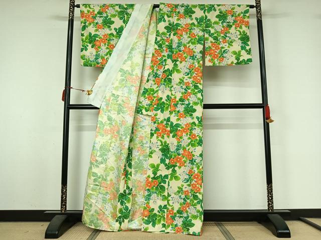 平和屋着物▽小紋 単衣 草花文 洗える着物 AABL7000jh