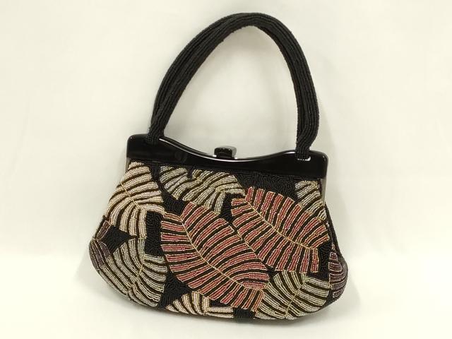 平和屋着物●和装小物 和装バッグ ハンドバッグ ビーズバッグ リーフ柄 逸品 AABL7035ay