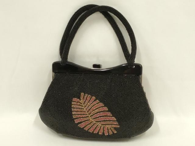 平和屋着物●和装小物 和装バッグ ハンドバッグ ビーズバッグ リーフ柄 逸品 AABL7035ay