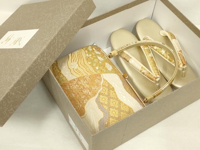 平和屋着物●和装小物 和装バッグ・草履セット 紗織 ハンドバッグ 吉祥柄 金糸 帯地使用 逸品 AABL7074ay