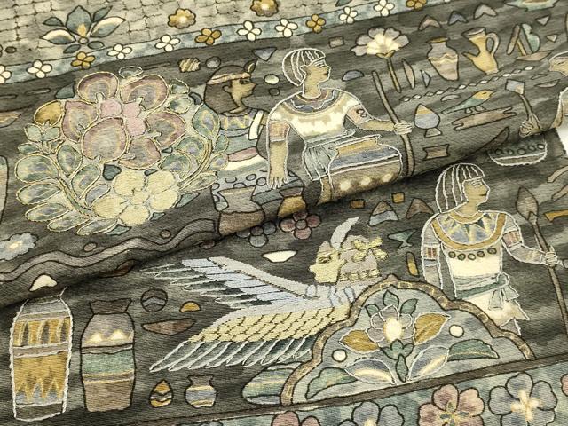 平和屋着物●付下げ 解き反物 着尺 作家物 刺繍 古代壁画文様 更紗 金糸 金彩 正絹 逸品 AABL7128ay