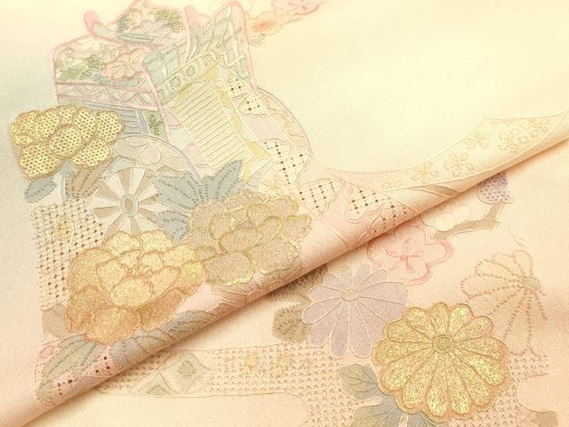 平和屋着物●中国三大刺繍 汕頭刺繍 スワトウ刺繍 付下げ 反物 着尺 霞花文 金糸 丹後ちりめん 証紙付き 逸品 未使用 AABL7130ay