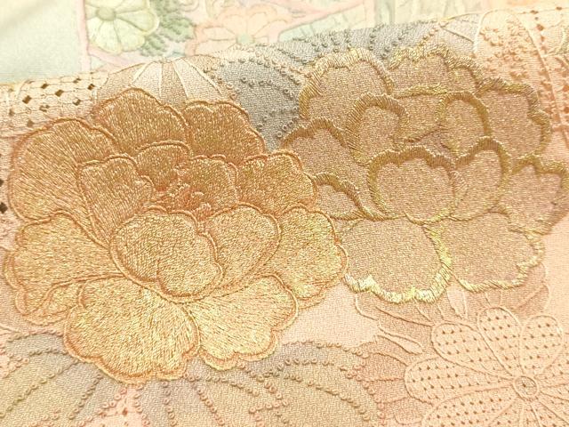 平和屋着物●中国三大刺繍 汕頭刺繍 スワトウ刺繍 付下げ 反物 着尺 霞花文 金糸 丹後ちりめん 証紙付き 逸品 未使用 AABL7130ay