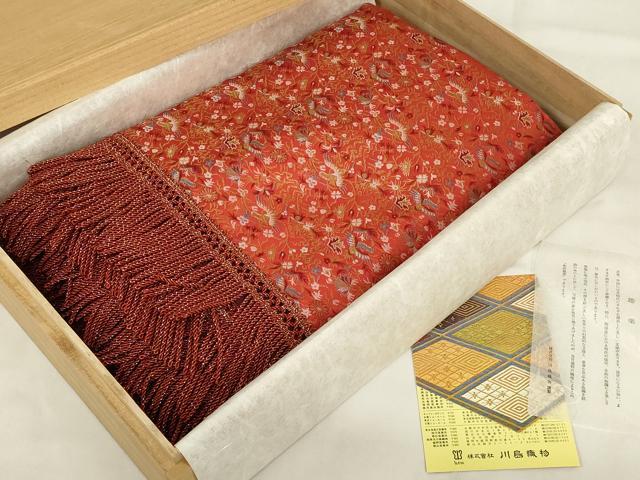 平和屋着物●西陣 川島織物謹製 和装小物 テーブルセンター 卓布 朱珍趣楽 金糸 木箱・証紙付き 逸品 AABL7164ay