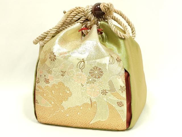 平和屋着物▼和装小物 和装バッグ・草履セット 佐賀錦 巾着 花柄 金糸 帯地使用 逸品 AABL7178ay