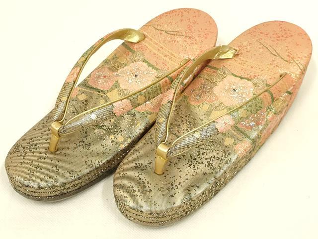 平和屋着物▼和装小物 和装バッグ・草履セット ハンドバッグ 花柄 金糸 帯地使用 逸品 AABL7188ay