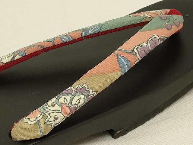 平和屋着物▼和装小物 下駄2点セット 鼻緒:花柄 更紗 舞蝶 逸品 未使用 AABL7197ay