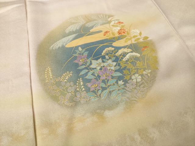 平和屋着物●人間国宝 福田喜三郎 訪問着 中国三大刺繍 相良刺繍 霞花丸文 暈し染め 金糸 金彩 正絹 逸品 AABL7201ck