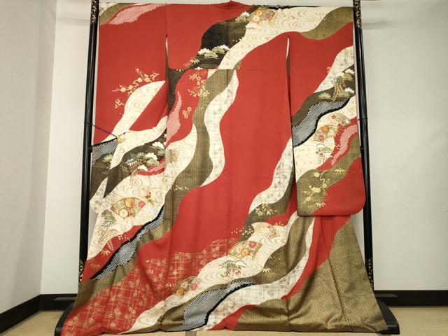 平和屋着物●豪華振袖 絞り 駒刺繍 地紙流水花文 金糸 金彩 ロング丈 正絹 逸品 AABL7204ck