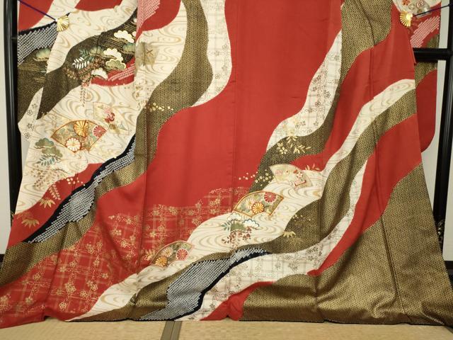 平和屋着物●豪華振袖 絞り 駒刺繍 地紙流水花文 金糸 金彩 ロング丈 正絹 逸品 AABL7204ck