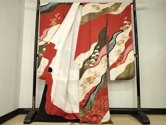 平和屋着物●豪華振袖 絞り 駒刺繍 地紙流水花文 金糸 金彩 ロング丈 正絹 逸品 AABL7204ck