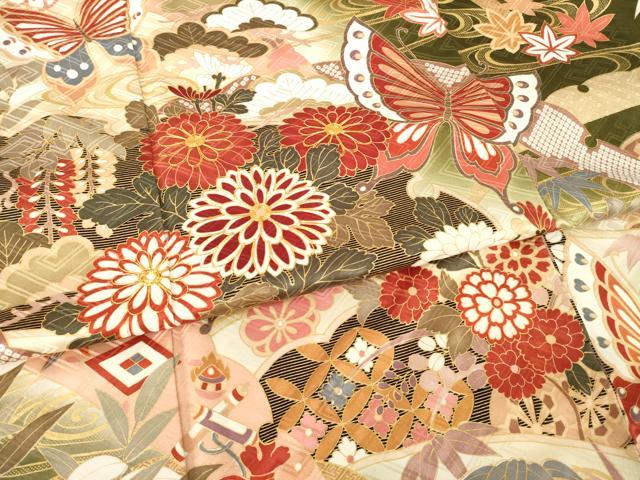 平和屋着物●豪華振袖 駒刺繍 吉祥花蝶宝尽くし 金彩 正絹 逸品 AABL7210ck