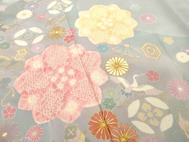 平和屋着物●手描友禅 圭雲 振袖 絞り 駒刺繍 飛鶴吉祥花文 金彩 正絹 逸品 AABL7211ck