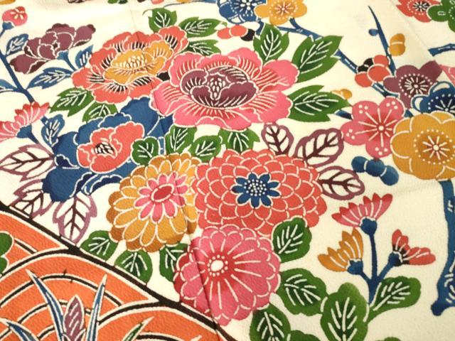 平和屋着物●豪華振袖 型染め 青海波枝花文 正絹 逸品 AABL7217ck