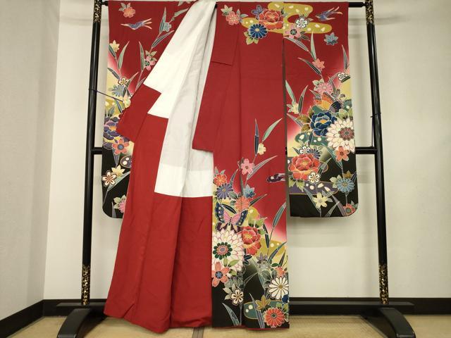 平和屋着物●手ざし京紅型染・宮崎紅型 宮崎良次 振袖 花蝶文 暈し染め 正絹 逸品 AABL7230ck