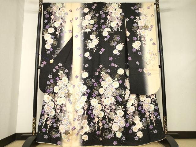 平和屋着物●豪華振袖 舞花文 暈し染め 黒地 金銀彩 銀通し地 京都きもの友禅扱い 正絹 逸品 AABL7233ck