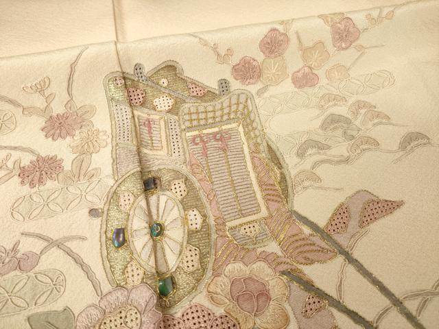 平和屋着物●中国三大刺繍 汕頭刺繍 スワトウ刺繍 総刺繍 訪問着 御所車花文 暈し染め 金糸 正絹 逸品 AABL7238ck