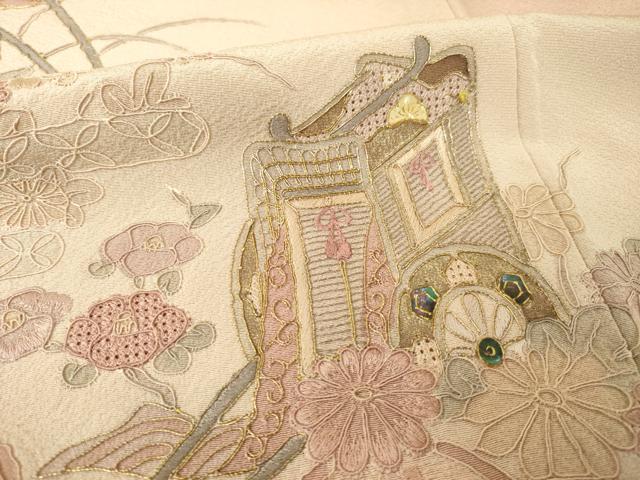 平和屋着物●中国三大刺繍 汕頭刺繍 スワトウ刺繍 総刺繍 訪問着 御所車花文 暈し染め 金糸 正絹 逸品 AABL7238ck