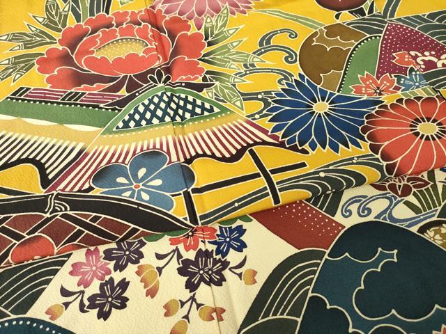 平和屋着物●手ざし京紅型染・宮崎紅型 宮崎良次 振袖 風景飛鶴花文 正絹 逸品 AABL7254ck