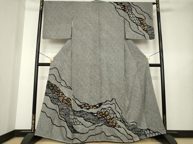平和屋着物●訪問着 総絞り 流水花文 黒地 金銀彩 正絹 逸品 AABL7255ck