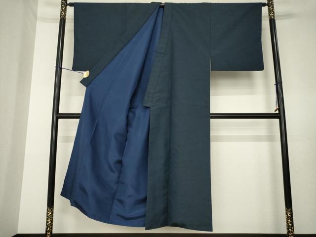 平和屋着物●男性 紬 アンサンブル 色無地 藍鉄色 正絹 逸品 AABL7259ck