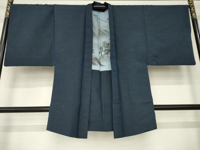 平和屋着物●男性 紬 アンサンブル 色無地 藍鉄色 正絹 逸品 AABL7259ck