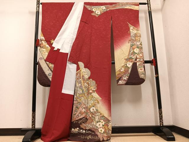 平和屋着物●豪華振袖 刺繍 御所車草花文 暈し染め 金彩 正絹 逸品 AABL7400ph