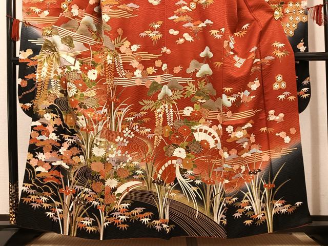 平和屋着物●豪華振袖 駒刺繍 草花文 暈し染め 金彩 正絹 逸品 AABL7418ph