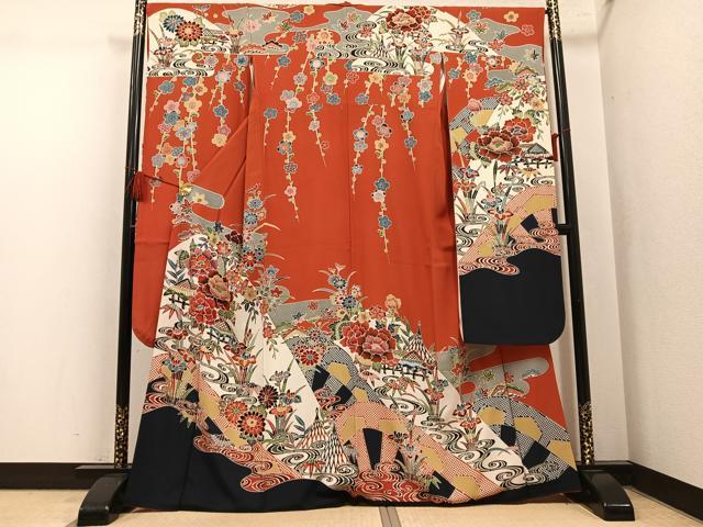 平和屋着物●豪華振袖 紅型 風景草花文 正絹 逸品 AABL7420ph