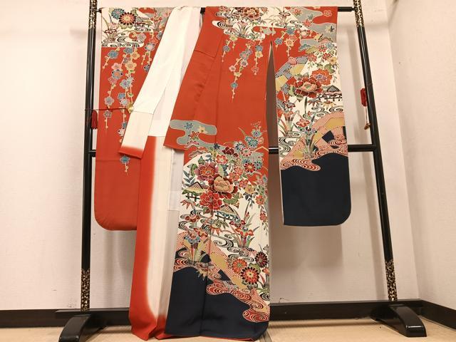 平和屋着物●豪華振袖 紅型 風景草花文 正絹 逸品 AABL7420ph