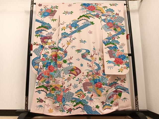 平和屋着物●豪華振袖 紅型 流水草花文 正絹 逸品 AABL7422ph