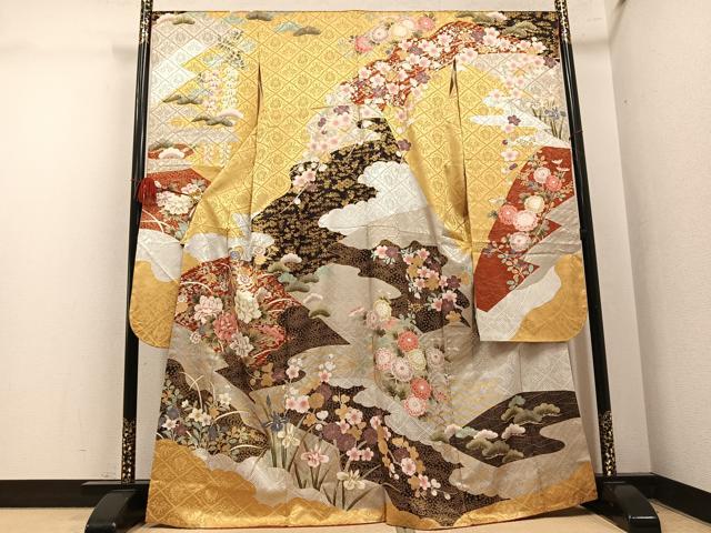 平和屋着物●豪華振袖 草花文 金彩 正絹 逸品 AABL7427ph
