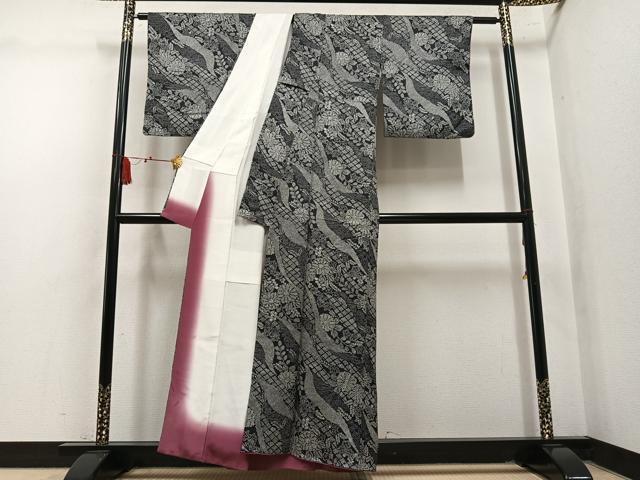 平和屋着物●上質な小紋 草花文 濃紺地 正絹 逸品 AABL7443ph