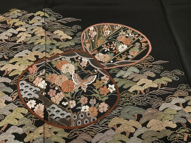 平和屋着物●豪華黒留袖 蘇州刺繍 貝合わせ鳳凰草花舞蝶文 金糸 正絹 逸品 AABL7475ph