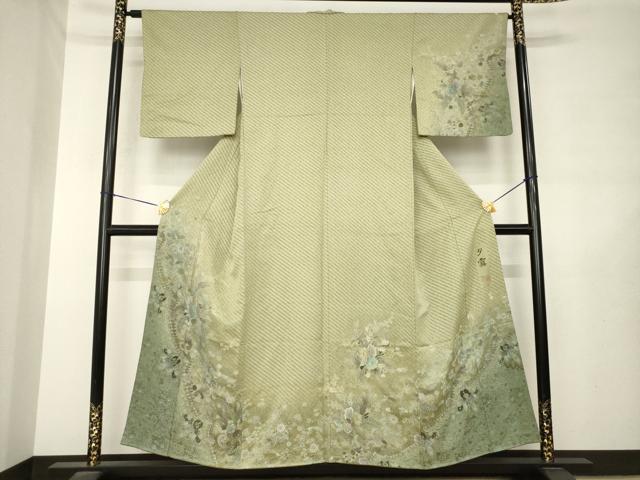 平和屋着物●訪問着 作家物 夕霧 お召地 手描き 草花文 正絹 逸品 AABL7579ck