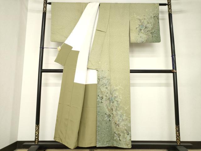 平和屋着物●訪問着 作家物 夕霧 お召地 手描き 草花文 正絹 逸品 AABL7579ck