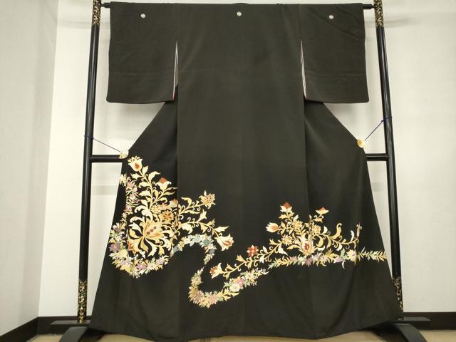 平和屋着物●豪華黒留袖 刺繍 更紗花文 金糸 金彩 正絹 逸品 AABL7587ck