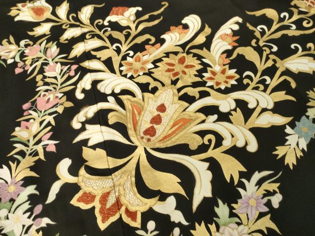 平和屋着物●豪華黒留袖 刺繍 更紗花文 金糸 金彩 正絹 逸品 AABL7587ck