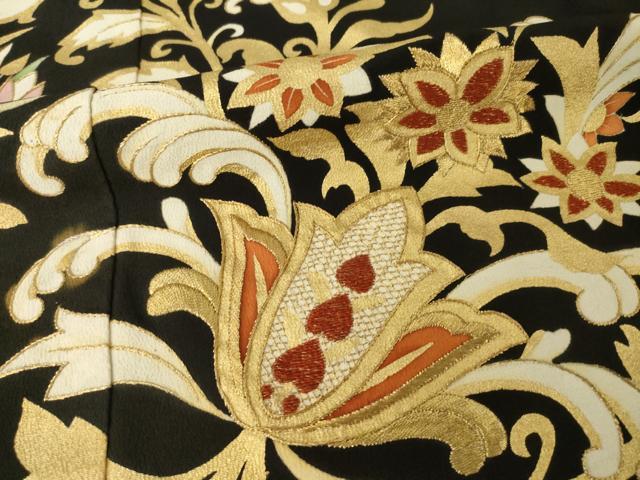 平和屋着物●豪華黒留袖 刺繍 更紗花文 金糸 金彩 正絹 逸品 AABL7587ck