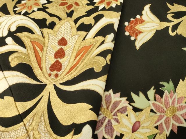 平和屋着物●豪華黒留袖 刺繍 更紗花文 金糸 金彩 正絹 逸品 AABL7587ck