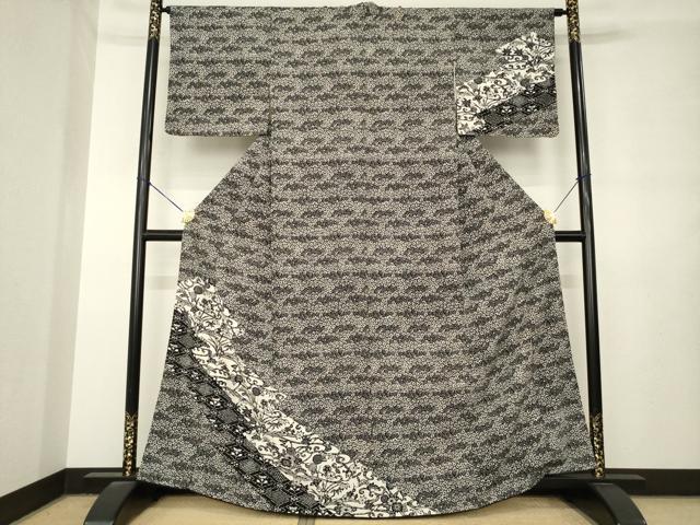 平和屋着物●訪問着 型染め 流水花文 黒地 正絹 逸品 AABL7619ck