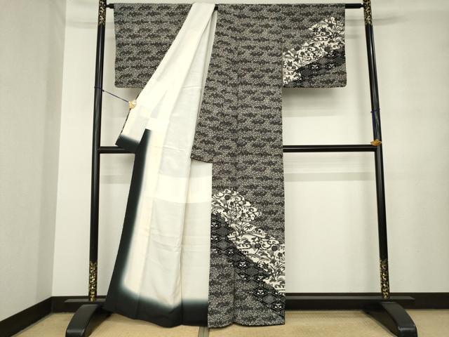 平和屋着物●訪問着 型染め 流水花文 黒地 正絹 逸品 AABL7619ck