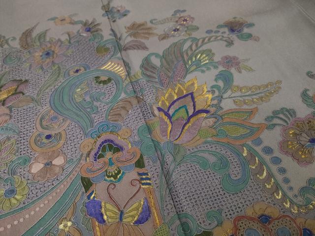平和屋着物●中国三大刺繍 スワトウ刺繍 汕頭刺繍 総刺繍 訪問着 更紗花文 暈し染め 金糸 正絹 逸品 AABL7640ck