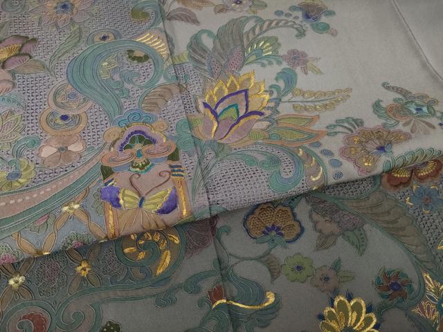 平和屋着物●中国三大刺繍 スワトウ刺繍 汕頭刺繍 総刺繍 訪問着 更紗花文 暈し染め 金糸 正絹 逸品 AABL7640ck