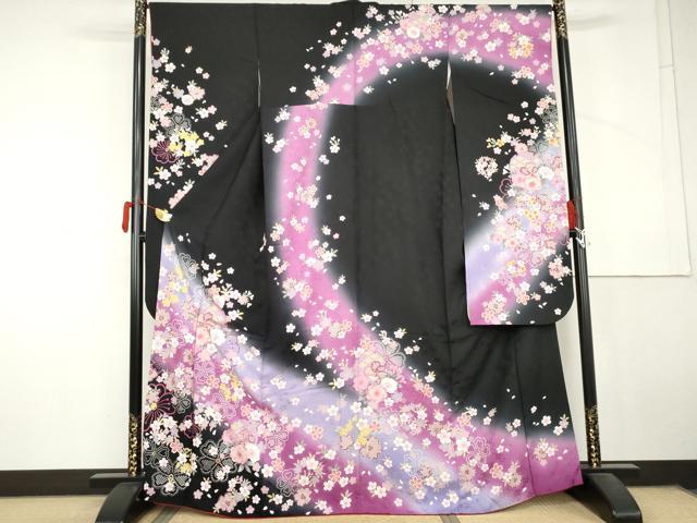 平和屋着物●豪華振袖 雪輪花文 暈し染め 黒地 金彩 正絹 逸品 AABL7642cs