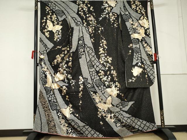 平和屋着物●豪華振袖 絞り 花蝶文 黒地 金銀彩 やまと誂製 正絹 逸品 AABL7645cs