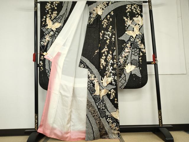 平和屋着物●豪華振袖 絞り 花蝶文 黒地 金銀彩 やまと誂製 正絹 逸品 AABL7645cs