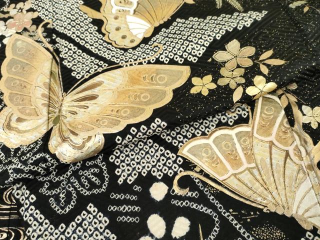 平和屋着物●豪華振袖 絞り 花蝶文 黒地 金銀彩 やまと誂製 正絹 逸品 AABL7645cs