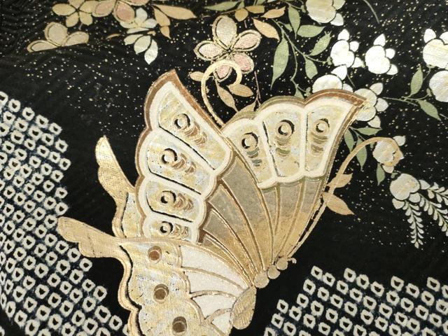 平和屋着物●豪華振袖 絞り 花蝶文 黒地 金銀彩 やまと誂製 正絹 逸品 AABL7645cs