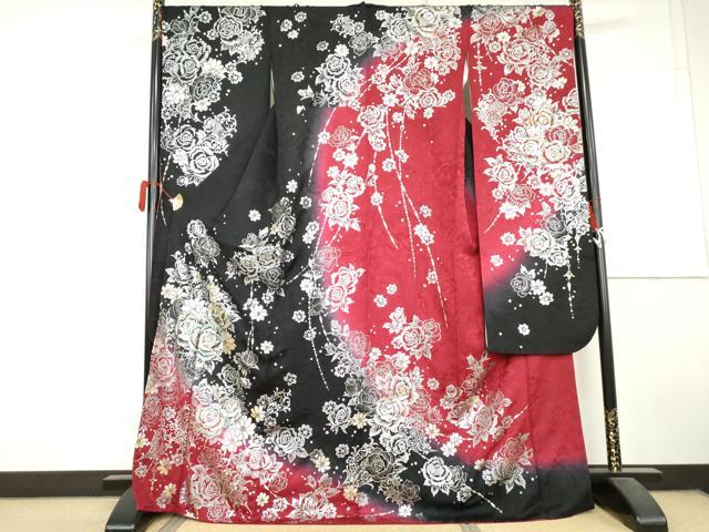 平和屋着物●豪華振袖 刺繍 草花文 薔薇 バラ 金糸 金銀彩 ロング丈 正絹 逸品 AABL7652cs